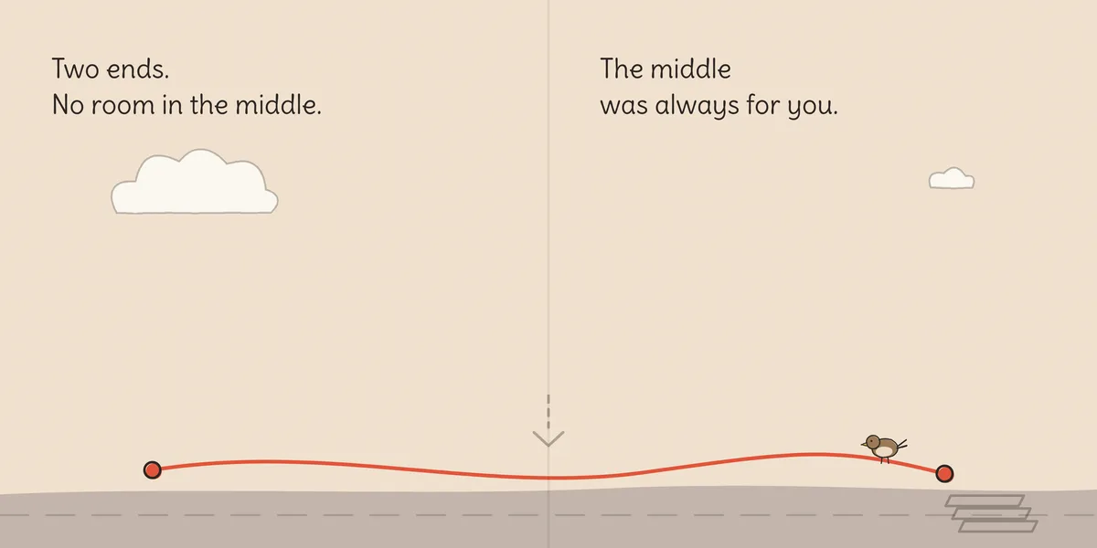 A spread from Room for Three (Bob & Otto, Book 3). Bob’s line is on the left page, Otto’s on the right: “Two ends. No room in the middle.” / “The middle was always for you.”