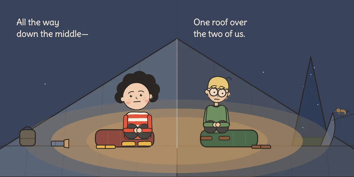 Goodnight, Otto, spread 5: “All the way down the middle—” and “One roof over the two of us.”