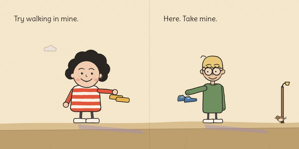 A spread from In Otto’s Shoes (Bob & Otto, Book 5). Bob’s line is on the left page, Otto’s on the right: “Try walking in mine.” / “Here. Take mine.”